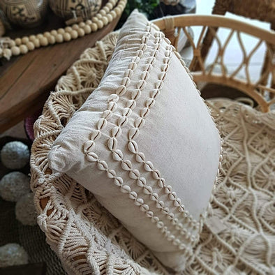 Shell Lined Cotton Linen Cushion - Canggu & Co