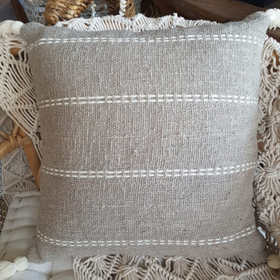 White Line Stitch Motif Grey Raw Cotton Cushion With Tassels - Canggu & Co