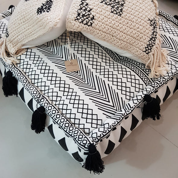 Square Aztec Pattern Linen Cotton Pouff With Tassels - Canggu & Co