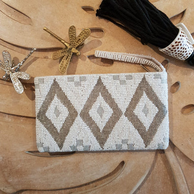 White, Silver & Gold Diamond Pattern Woven Beaded Clutch With Strap - Canggu & Co