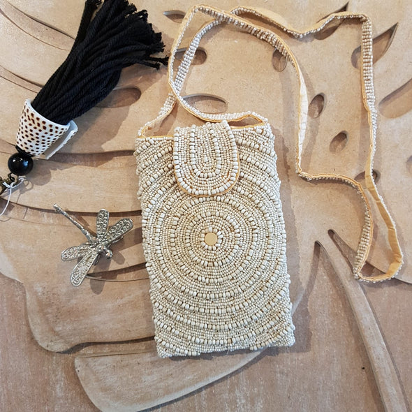 White Circle Pattern Woven Beaded Clutch With Long Strap - Canggu & Co