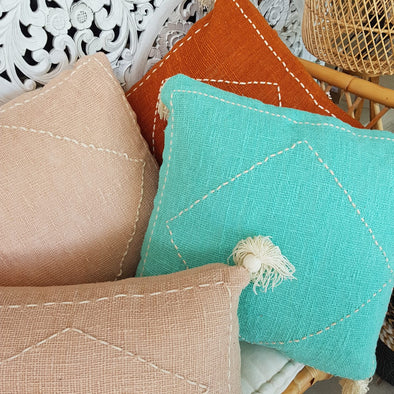 White Diamond Stitch Motif Raw Cotton Cushions With Tassels - Canggu & Co