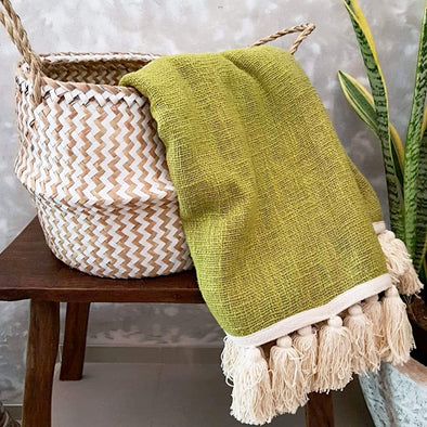 Lime Green Raw Cotton Throw With White Tassels - Canggu & Co