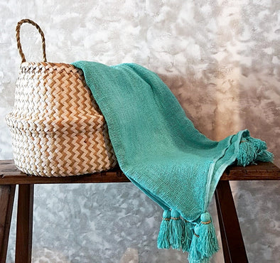 Baby Blue Raw Cotton Throw With Blue Beaded Tassels - Canggu & Co