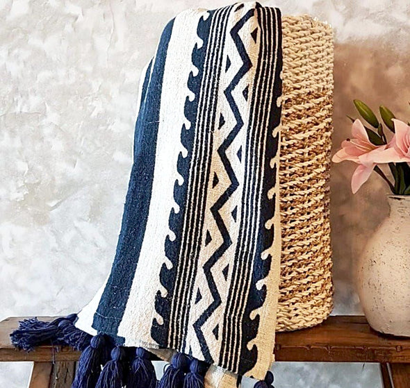 Navy Blue Tribal Pattern Raw Cotton Throw With Tassels - Canggu & Co