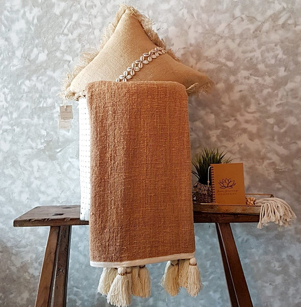 Light Brown Raw Cotton Throw With Natural Beaded Tassels - Canggu & Co