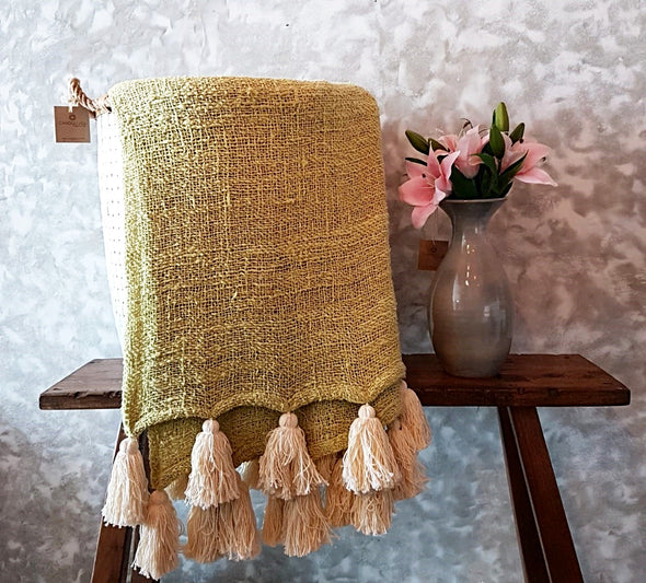 Baby Green Soft Raw Cotton Throw With Natural Tassels - Canggu & Co
