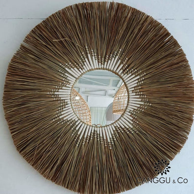 Large Round Straw Grass Mirror With Woven Inner