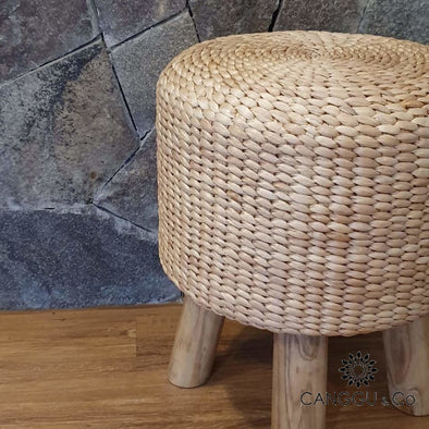 Round Water Hyacinth Stool With Long Wooden Legs