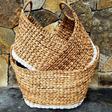 White & Natural Oval Shaped Water Hyacinth Basket Sets Set Of 3