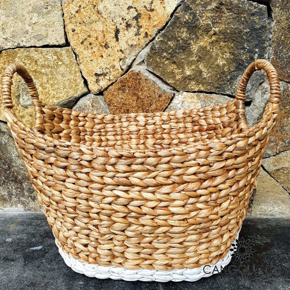 White & Natural Oval Shaped Water Hyacinth Basket Sets Small