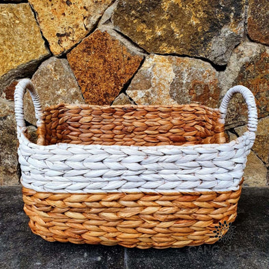 White & Natural Rectangle Shaped Woven Water Hyacinth Basket Sets Small