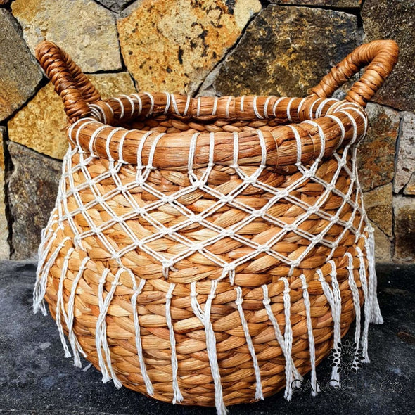 Woven Water Hyacinth Barrel Baskets With Macrame Basket